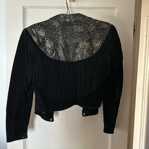 Vintage frontier black fringe boho western cropped suede leather jacket - Picture 2 of 2